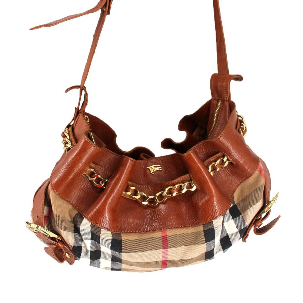 Burberry Brown Leather and Beige Nova Check Shoulder Bag